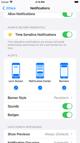 Ethica notification settings